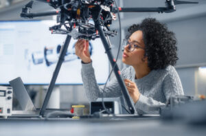 Concentrated Black Female Engineer Writing Code. Developing Software for Modern Drone Control in the Research Center Laboratory. Technological Breakthrough in Flight Industries Concept.