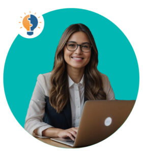 Girl sitting at laptop with icon of a lightbulb that looks like a puzzle piece.