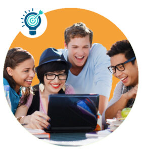 Happy college students gathered around laptop with a lightbulb target icon on the image.