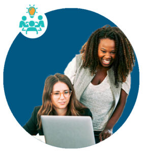 Two women collaborating around a laptop with a lightbulb icon above them.